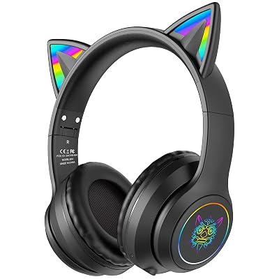 Bluetooth Cat Ear Headphones for Kids & Adults, Wireless & Wired Mode Foldable Headset with Mic - Clear Sound Quality - RGB LED Light, for Girls School Gaming, for Phone/Laptop/PC/Tablet, Black