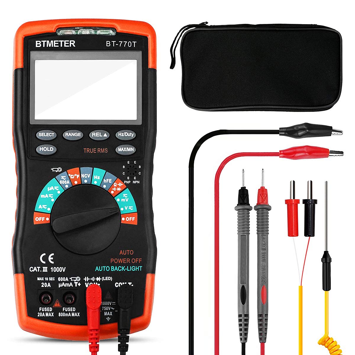 True RMS Digital Multimeter Tester 6000 Counts AC DC 20A Ohmmeter Voltmeter DMM Measure Voltage Current Amp Resistance Diodes Continuity Duty-Cycle Capacitance Temperature (BTMETER BT-770T)