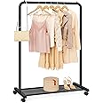 SONGMICS Clothes Rack with Wheels, 35.8 Inch Garment Rack, Clothing Rack for Hanging Clothes, with Dense Mesh Storage Shelf, 