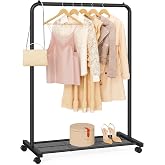 SONGMICS Clothes Rack with Wheels, Metal Garment Rack, Mesh Storage Shelf | Clothing Rack for Hanging Clothes, 25.4 mm, 110 lb Load Capacity, 2 Brakes, Black, PATAYE Collection UHSR25BK