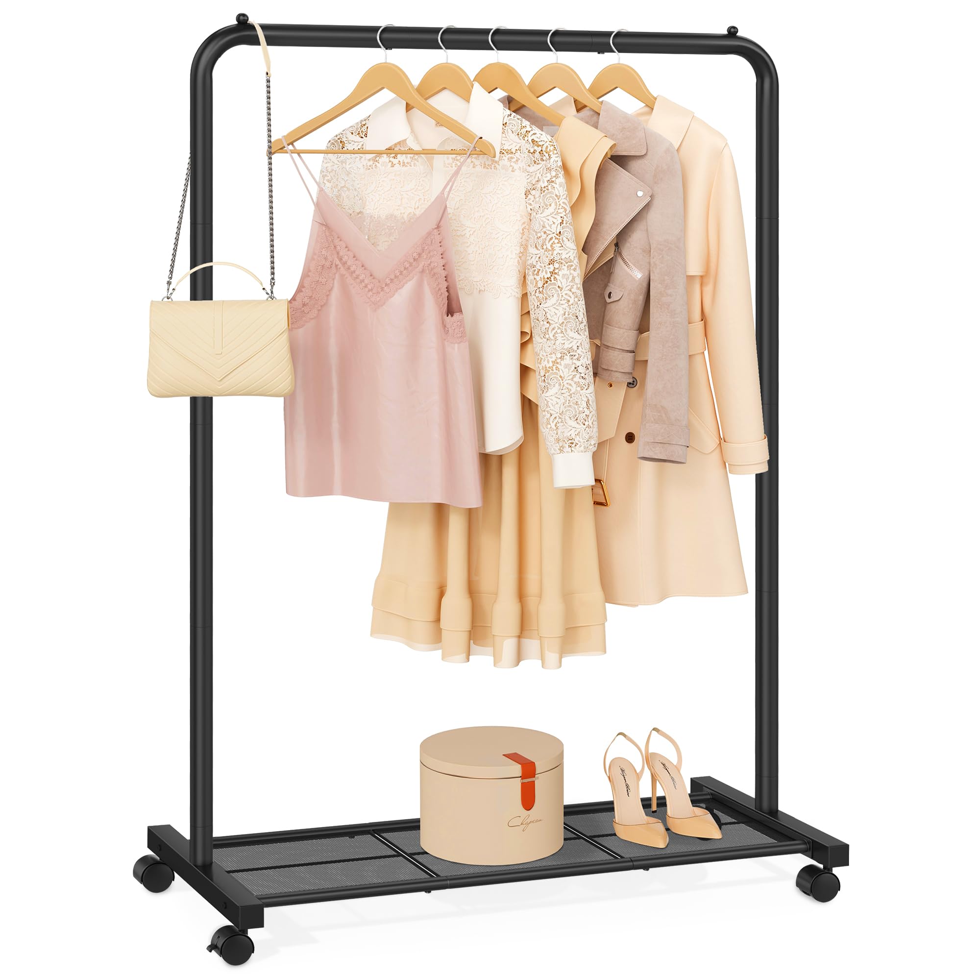 SONGMICS HSR25BK Mobile Clothes Rack on Wheels, Clothes Organizer, Metal with Storage Shelf, Bar Load 40 kg, Black