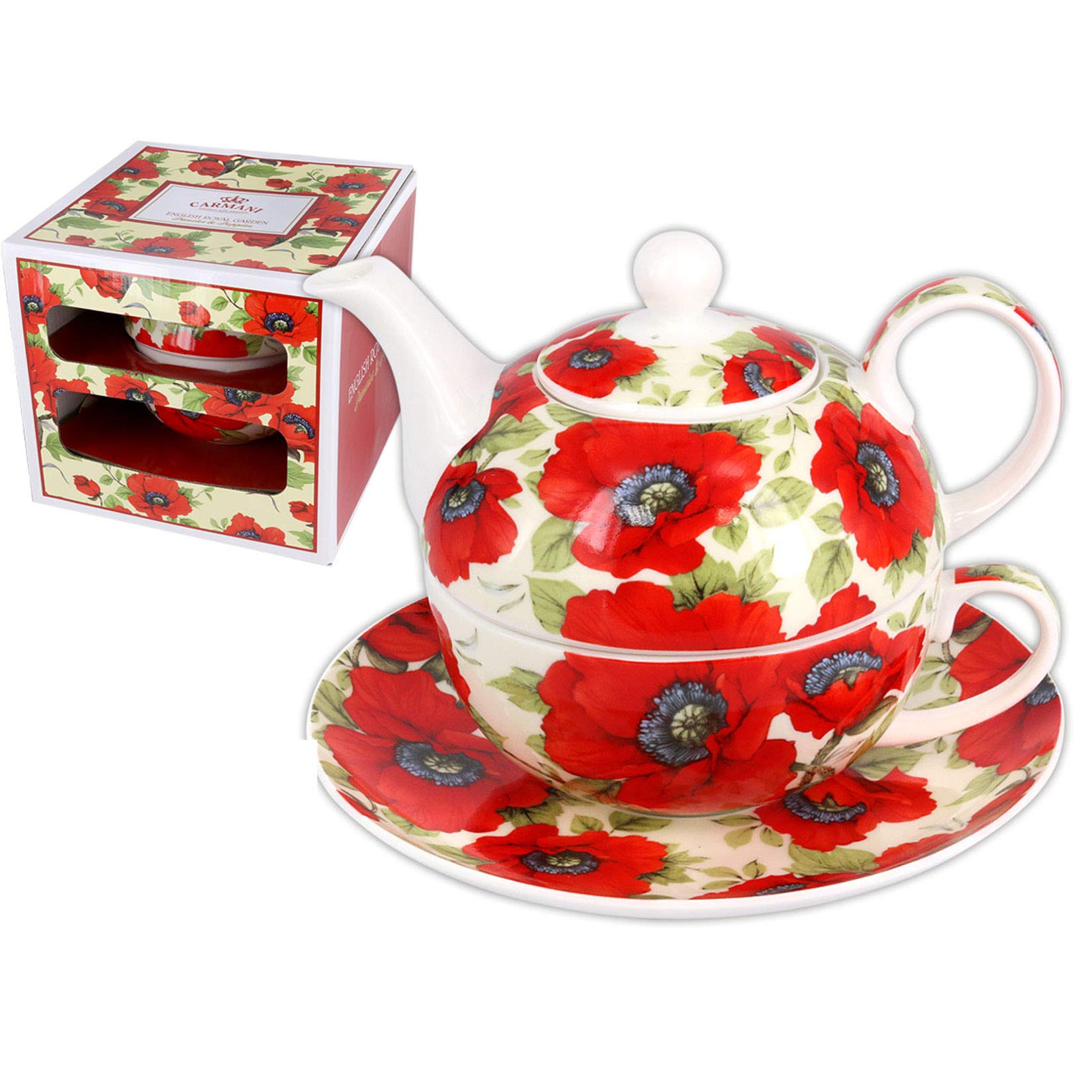 CARMANI - Elegant Tea for one, Set of Tea Maker Decorated with 'red Poppy' 350ml