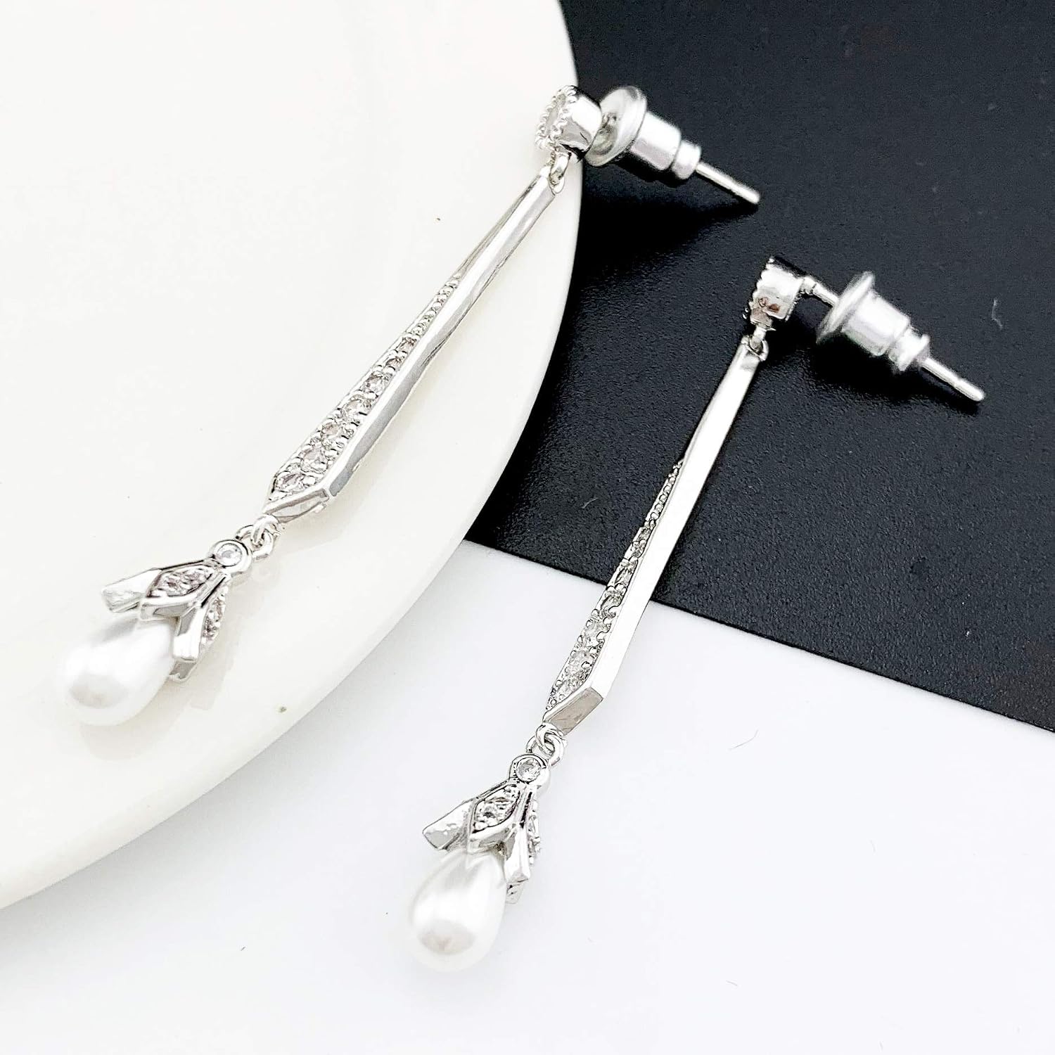HAISWET Elegant Bride Dangle Drop Earrings Pierced Simulated Pearl Cubic Zirconia Silver Tone, White, 4.8 cm x 0.5 cm - Image 3