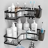 AKTECKE Corner Shower Caddy, 2 Pack Adhesive Shower Corner Organizer Shelves, No Drilling Stainless Steel Shower Storage Rack with Hooks&Toothpaste Holder for Bathroom Kitchen (for 90° Corners Only)