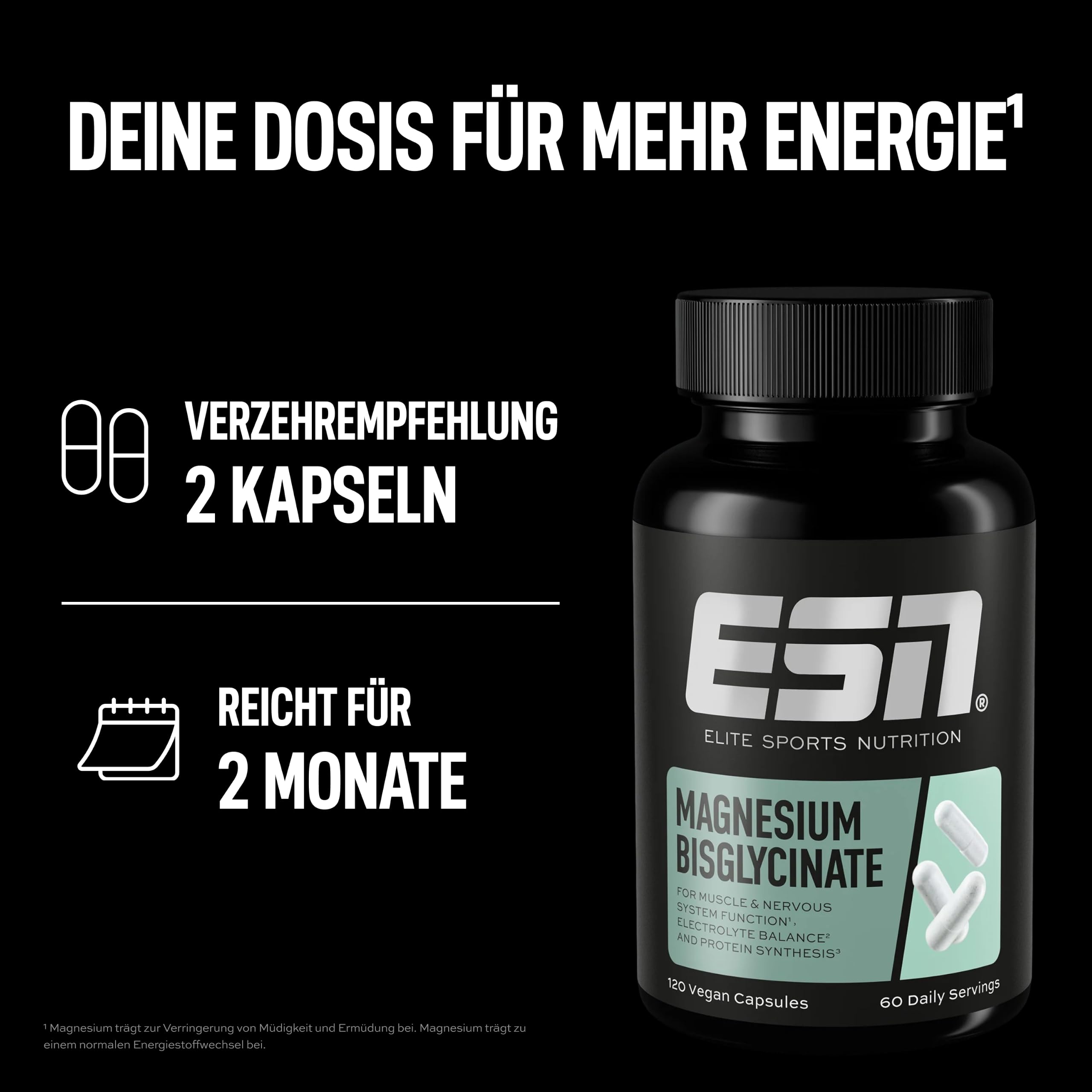ESN Magnesiumbisglycinat Kapseln - mit 194 mg Magnesium pro Tagesportion - gute Verträglichkeit und Bioverfügbarkeit - vegan - 120 Kapseln, 60 Portionen 6