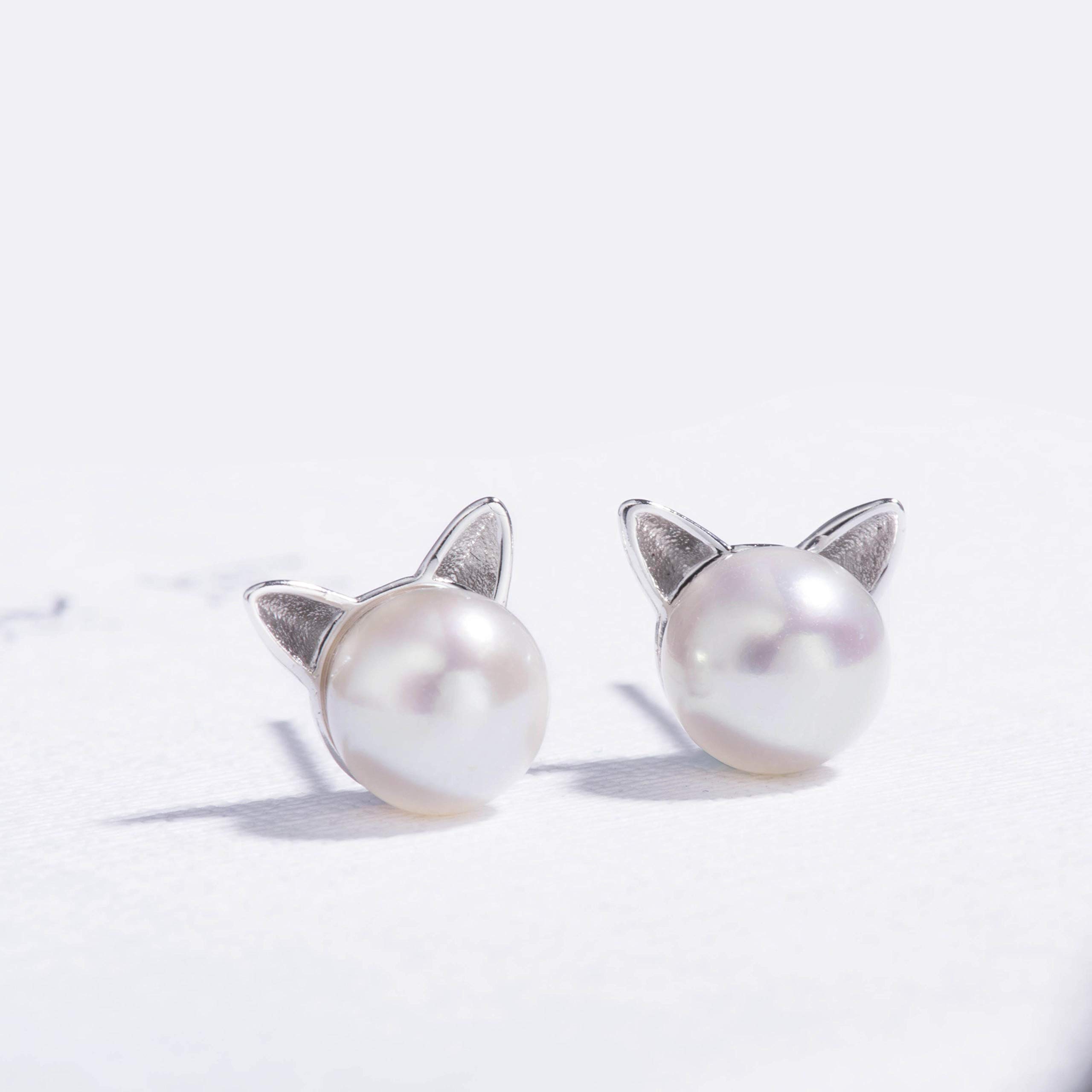 S.Leaf Cat Pearl Earrings for Women 925 Sterling Silver Hypoallergenic Cat Memorial Gifts Lovers Jewelry Earrings for Women Best Friend Birthday Gifts for Women Trendy Sister Mom Wife Womens Her Friend Party