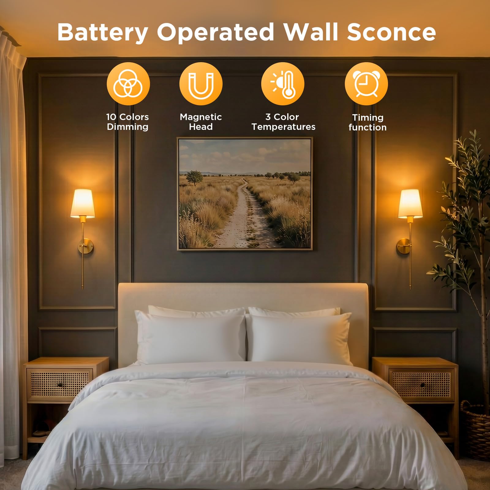 Condition photo showing New/Like New for brightown battery operated wall sconces set of two, rgbww wireless rechargeable wall lights with dim