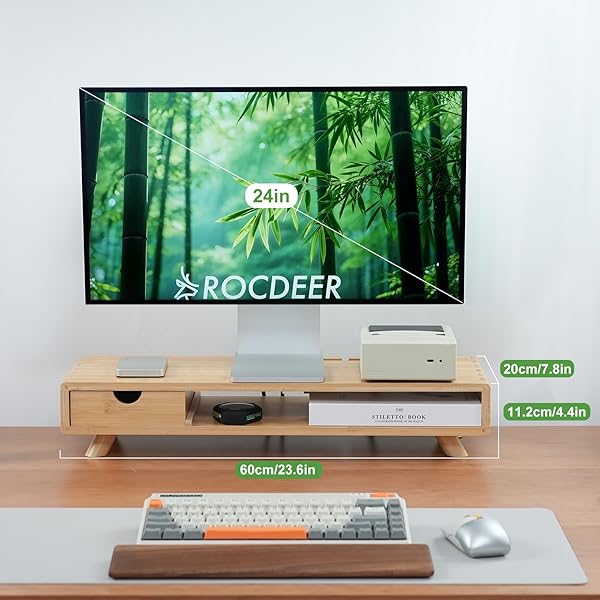 ROCDEER BAMBOO MONITOR STAND RISER WITH DRAWER, ERGONOMIC COMPUTER RISER FOR DESK WITH CABLE MANAGEMENT & STORAGE ORGANIZER, WOOD MONITOR STAND FOR HOME OFFICE