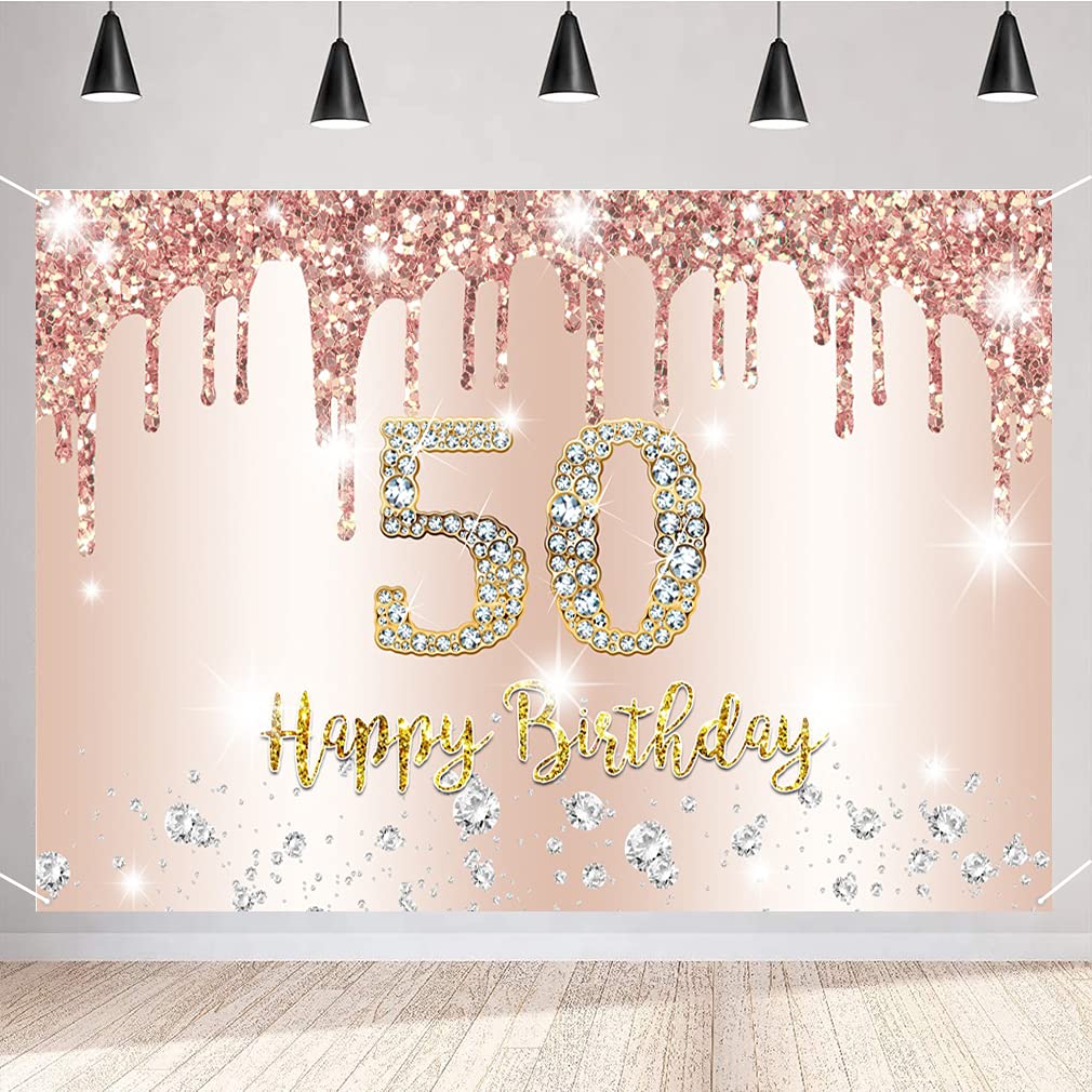 50th Birthday Decorations for Women, Happy 50th Birthday Party Decoration Backdrop Banner, 50 Years Old Fabric Sign Poster, Glitter Rosegold Photo Background Party Supplies, 150cm x 90cm