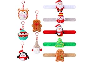 Guiqulai 5 Pcs Christmas Mini Plush Keychains with 5 Pcs Christmas Slap Bracelets Santa Claus Gingerbread Man Xmas Tree Penguin Snowman Stuffed Decoration