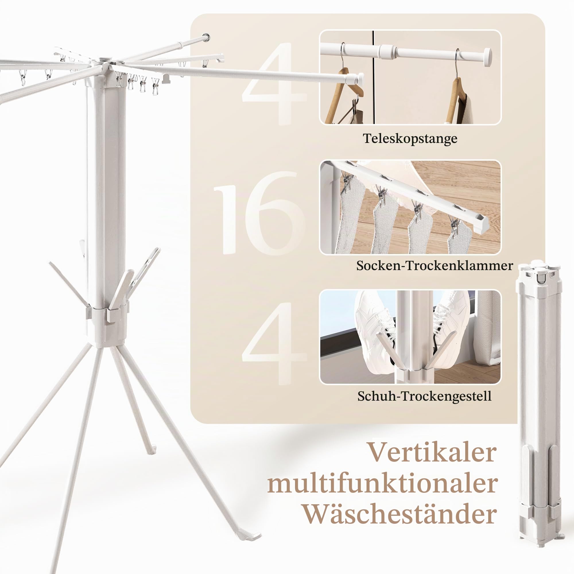 CHAHUANV Vierbeiniger Wäscheständer, Faltbarer & zusammenklappbarer Wäscheständer, Wäscheständer mit Sockenclips & 4 Schuhhaltern, platzsparender Wäscheständer für Innen- und Außenbereich 4
