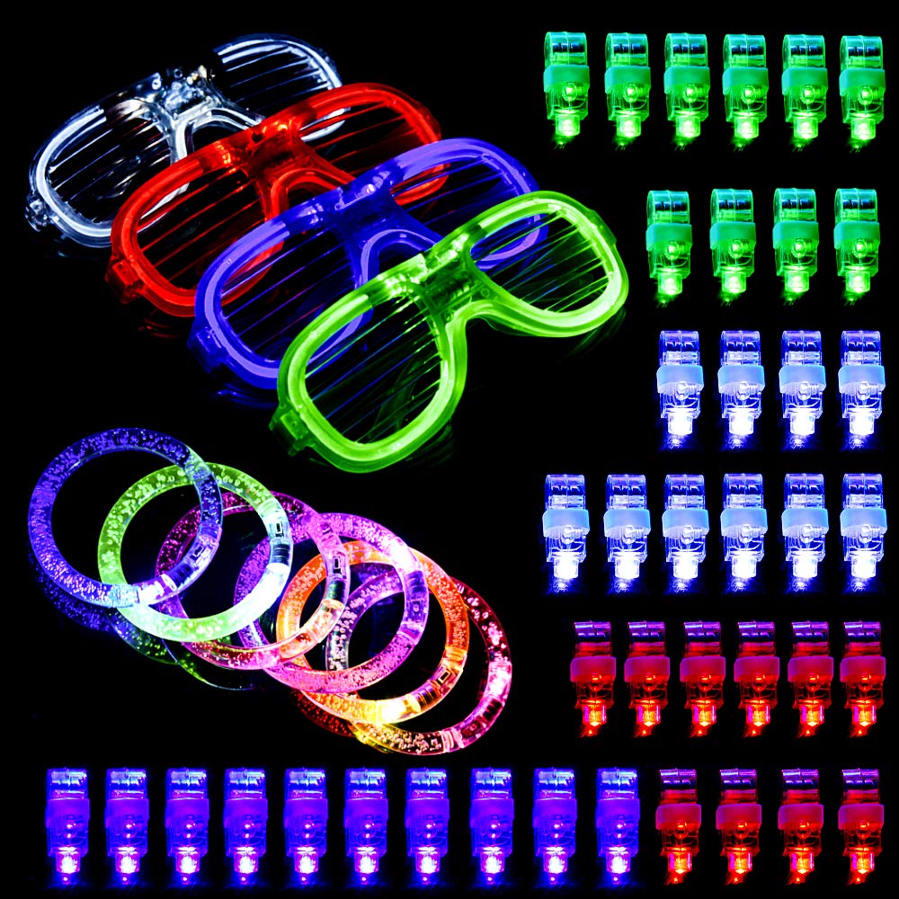 LED Party Favors,BASEIN 50PCS LED Light Up Toys Glow in the Dark Party Supplies for Kids Adults Teens with 40 LED Finger Lights,6 Bracelets and 4 Flashing Slotted Shades Glasses