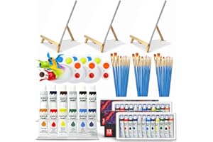 GRNVIBE Acrylic Paint Set 75Pcs Painting Supplies with 3 * 12 Colors Acrylic Paint,3 Wood Easel & 3 Painting Canvas,30 Brushes& 3Palettes,Acrylic Paint Canvas Sets for Adults/Kids,Beginner,Parties,Class