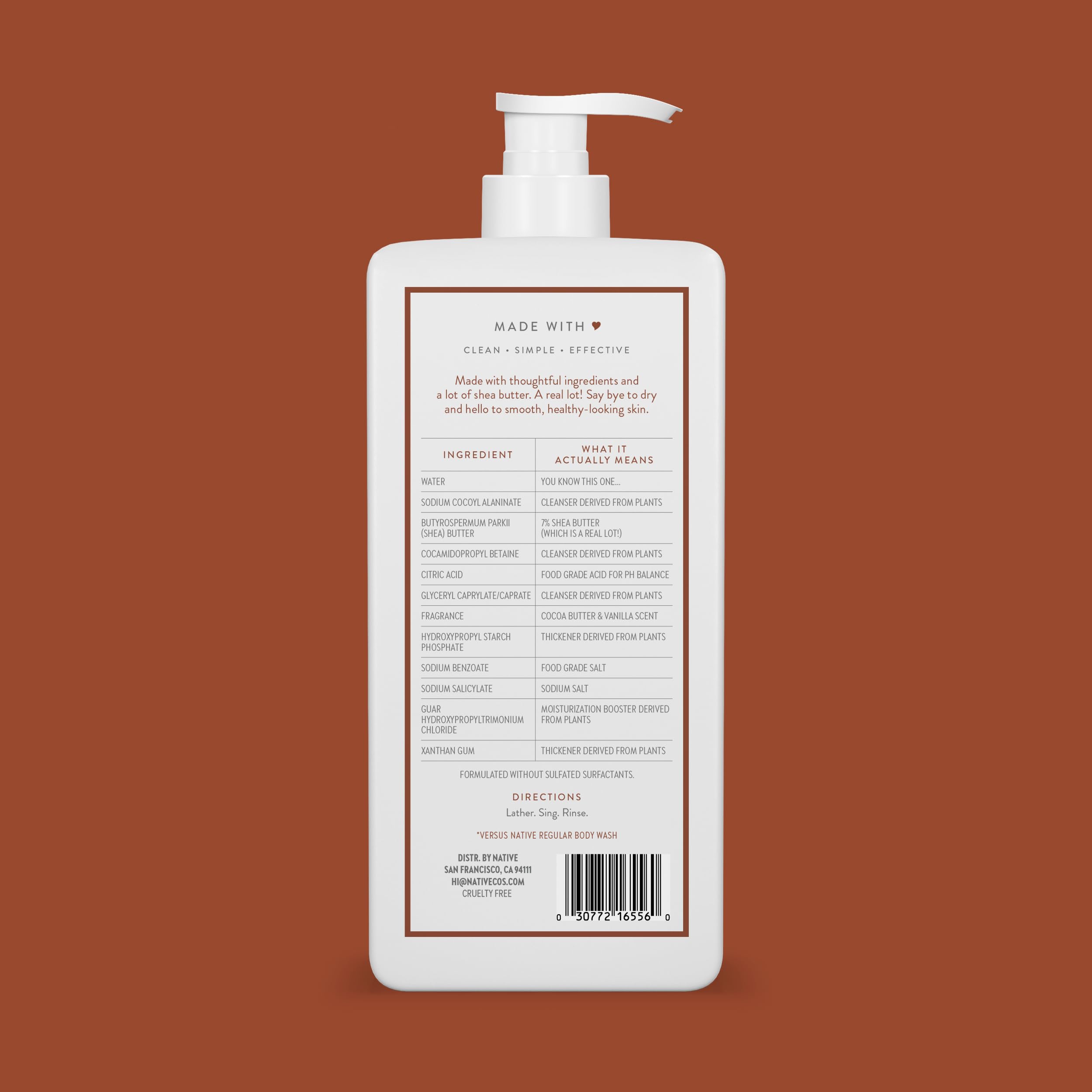 Native Moisturizing Body Wash Contains Naturally Derived Ingredients | for Women & Men, Sulfate, Paraben, & Dye Free Leaving Skin Soft & Hydrated | Cocoa Butter & Vanilla 18 oz