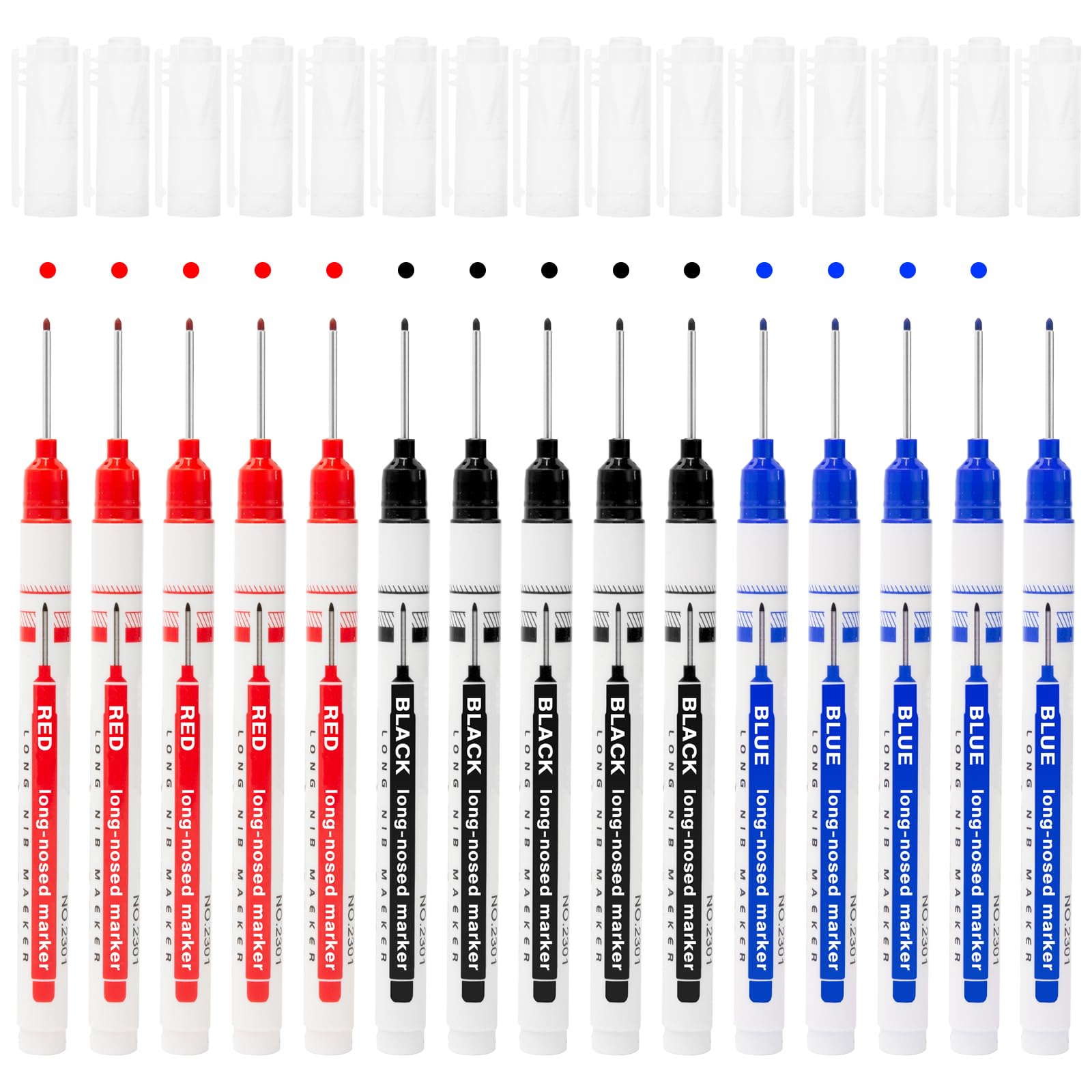 Pilikoll 15 Pcs 20mm Waterproof Deep Reach Markers Deep Hole Marker Pens Hole Marker Tool Carpenters Pen Long Head Deep Hole Marker Kit for Permanent Marking of Hard To Reach Areas (Black Blue Red)