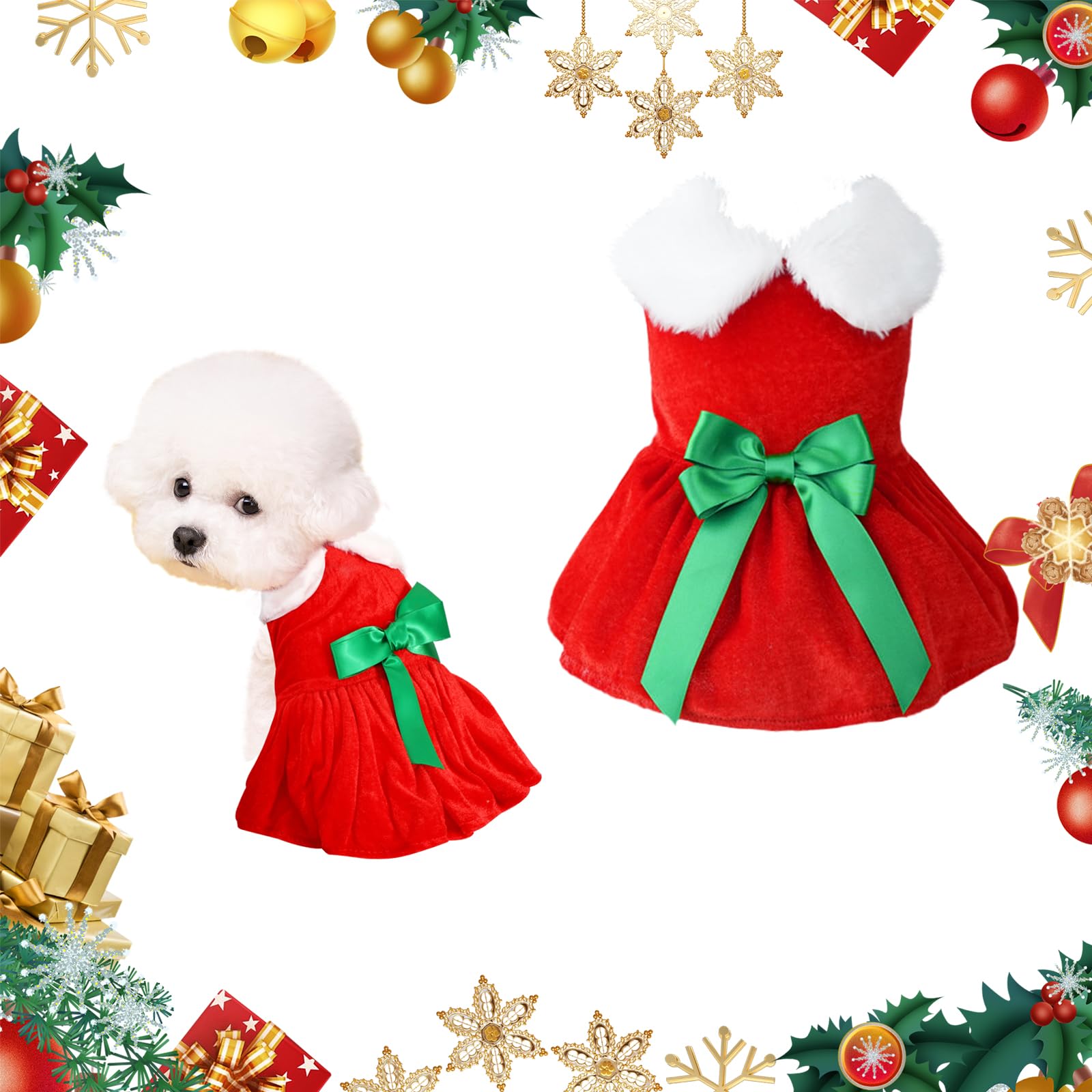 Lovely Pet Christmas Costume, Girl Dog Holiday Dress with Fur Collar, Cat Velvet Skirt Dog Costume Christmas Outfits for Small Medium Cats Dogs Pets Cosplay Party Xmas New Year, (M)