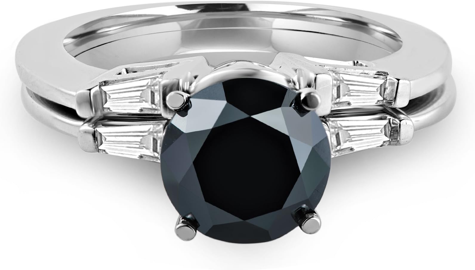 2 1/10 CTW Round Black Diamond Solitaire with Accents Engagement Ring and Wedding Band Set Ring in 14K White Gold (MD170354)