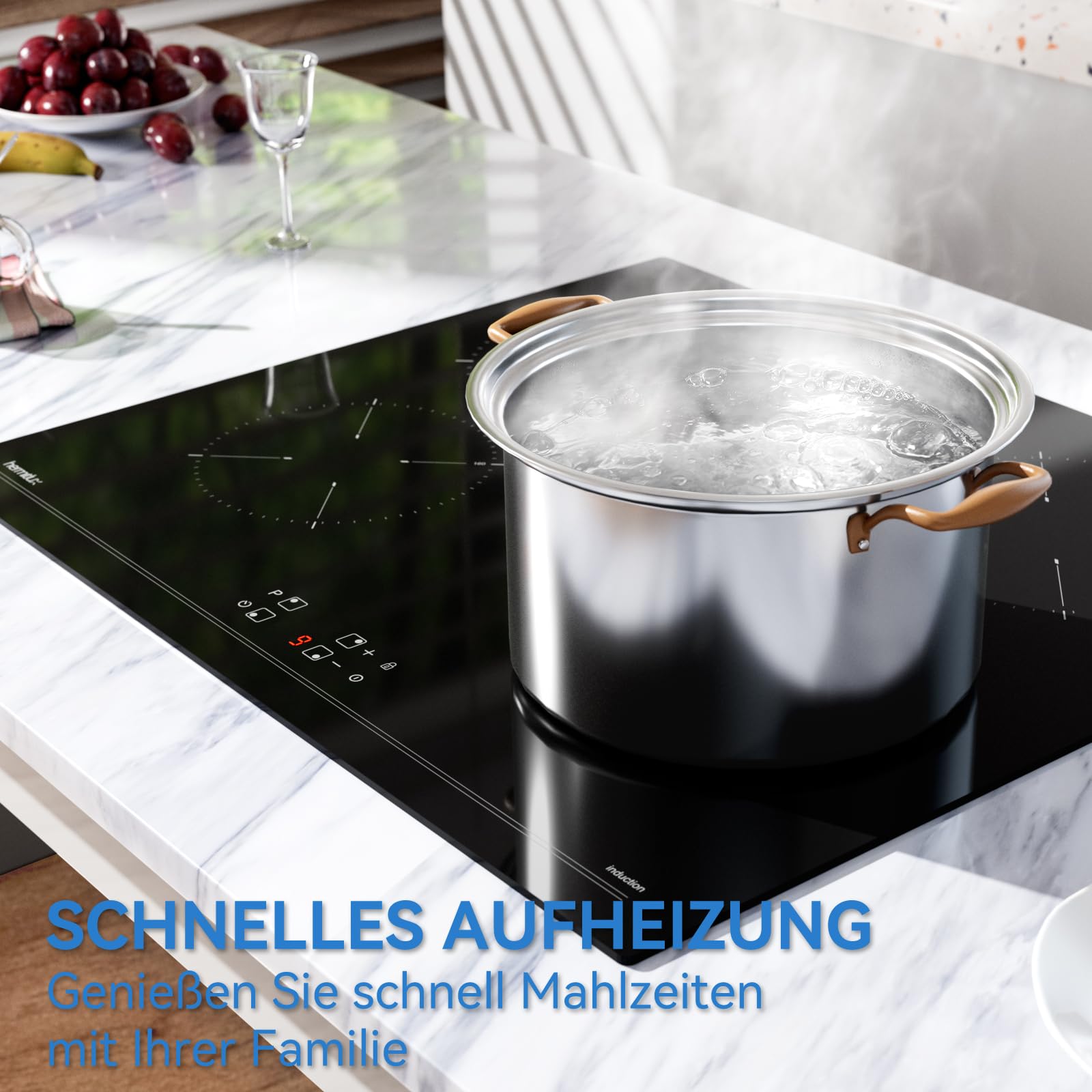 Hermitlux Induktionskochfeld 60cm, Einbau Kochfeld 4 Zonen mit Booster, 9 Leistungsstufen, Touch-Bedienung, Kindersicherung und Timer, 7200W 7