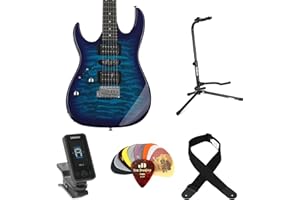 GEARNUTS Ibanez Gio GRX70QAL Left-handed Electric Guitar Essentials Bundle - Transparent Blue Burst