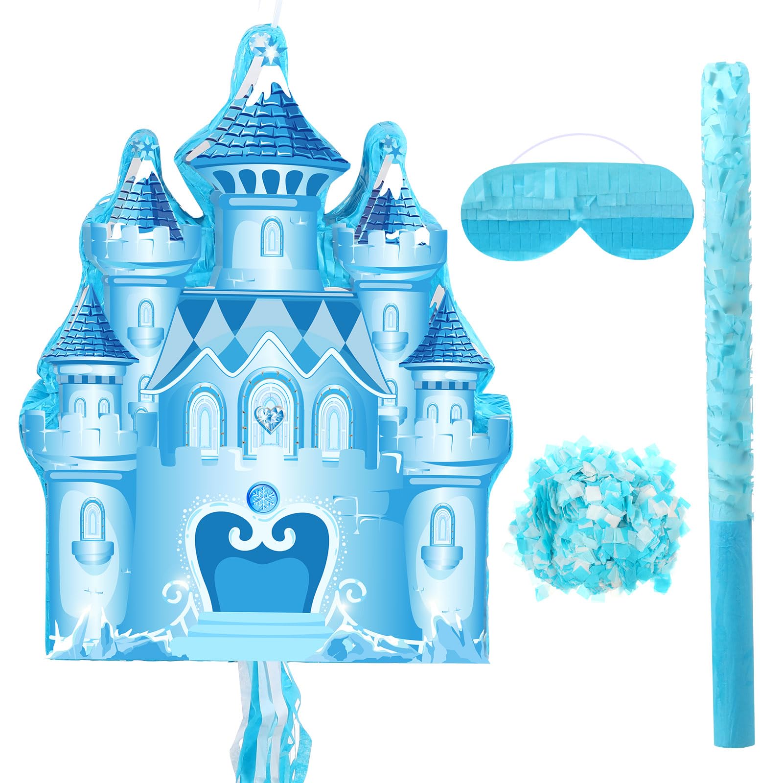 Winter Piñata Christmas Wonderland Themed Piñata with Blindfold Bat for Christmas Princess Winter Theme Birthday Party Supplies Decorations(Blue,Castle)