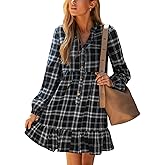 CUPSHE Women Fall Dresses Plaid Ruffle Hem V Neck Long Sleeve Button Holiday Tunic Mini Dress
