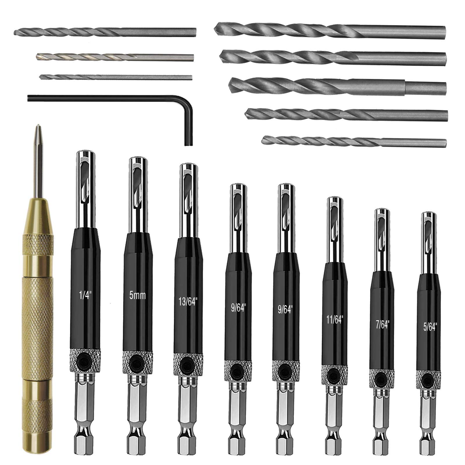 Create idea 18Pcs Hinge Drill Bit Set, Self Centering Drill Bits Center Punch L-Wrench with Replacement Drill Bits for Woodworking Door Window Cabinet Drawer Drilling Tools