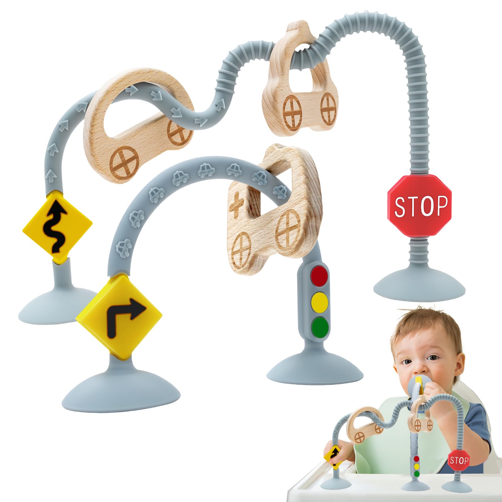 Infant Relief Sensory Toys for Babies 6 7 8 9 12 Months, Suction Cup High Chair Toys for Toddlers, Silicone Travel with Car Wooden Ring for Traffic Cognition Enlightenment Gifts