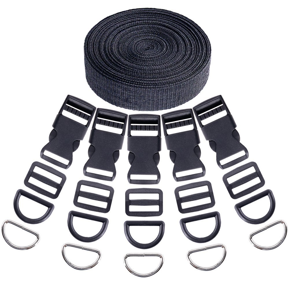 Swpeet 41Pcs 1 Inch DIY Making Bag Kit, Including Flat Side Release Buckles and Tri-glide Slides and D Rings with 1 Roll 5 Yards Nylon Webbing Straps for DIY Making Luggage Strap, Pet Collar