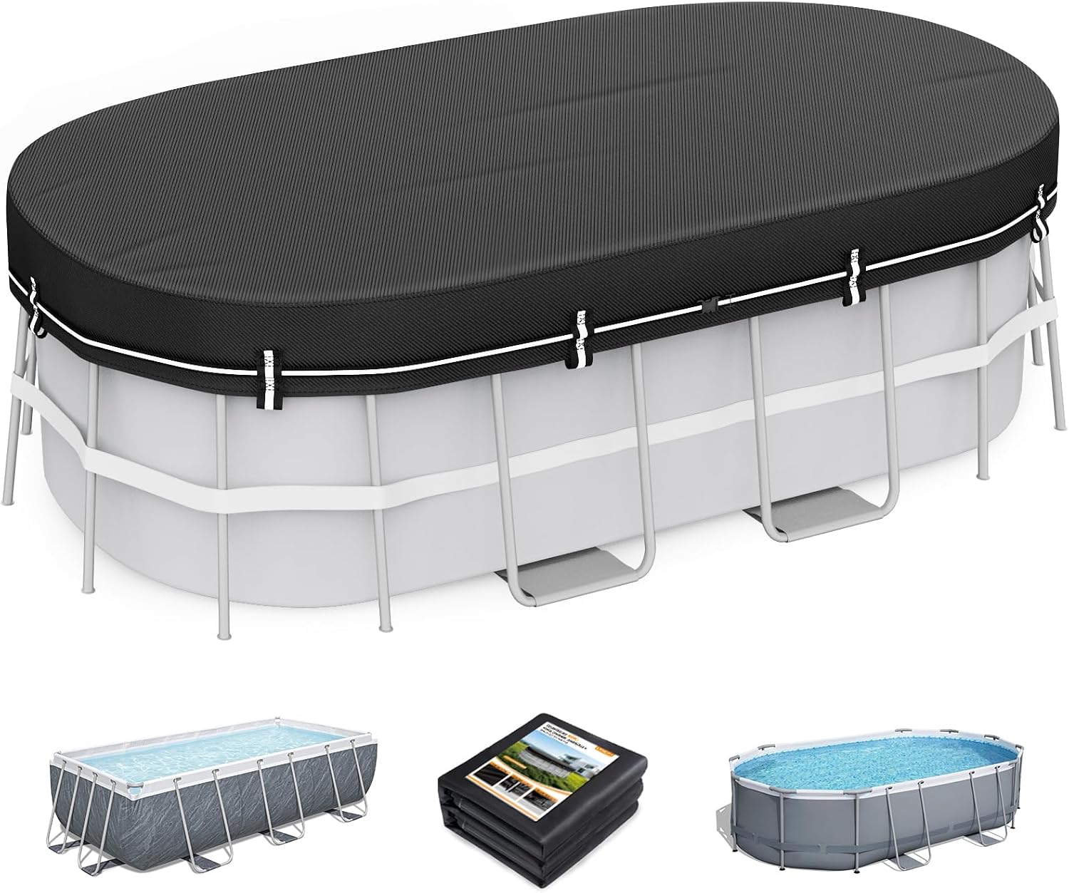 LXKCKJ 12X24 FT Pool Covers for Above Ground Pools, Solar Oval Pool Cover with Accessories Set, Integrated Design Rectangular Pool Cover Ideal for Waterproof, Dustproof, Windproof