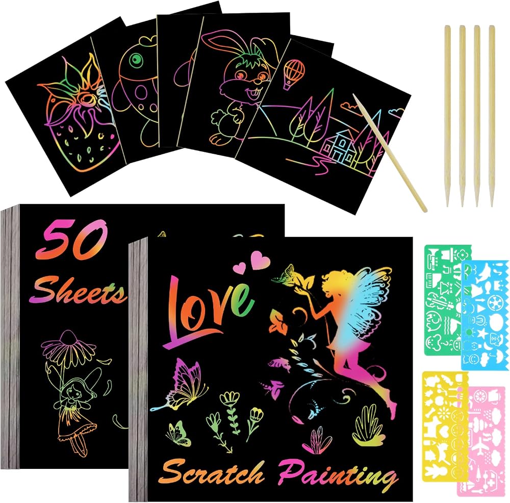 Vicloon Rainbow Scratch Art 50Pcs Notes with 4 Stencils 5 Stylus 8.5x8.5CM