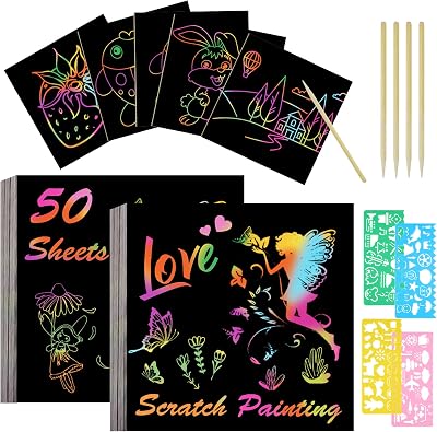 Vicloon Rainbow Scratch Art 50Pcs Notes with 4 Stencils 5 Stylus 8.5x8.5CM