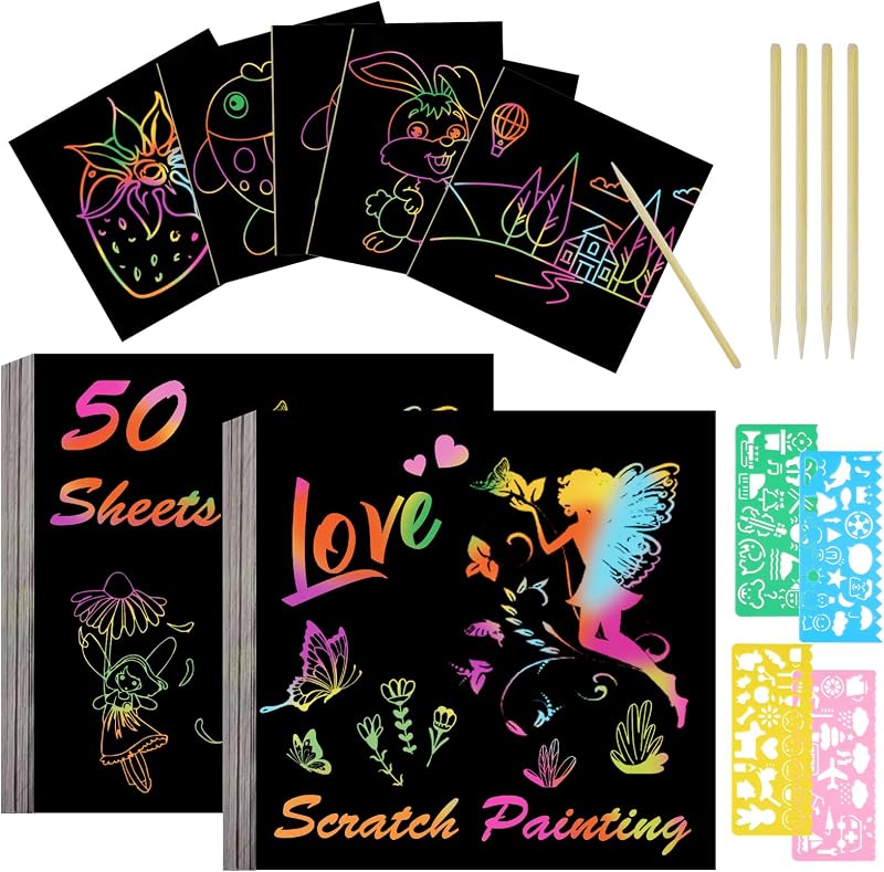 Vicloon Rainbow Scratch Art 50Pcs Notes with 4 Stencils 5 Stylus 8.5x8.5CM
