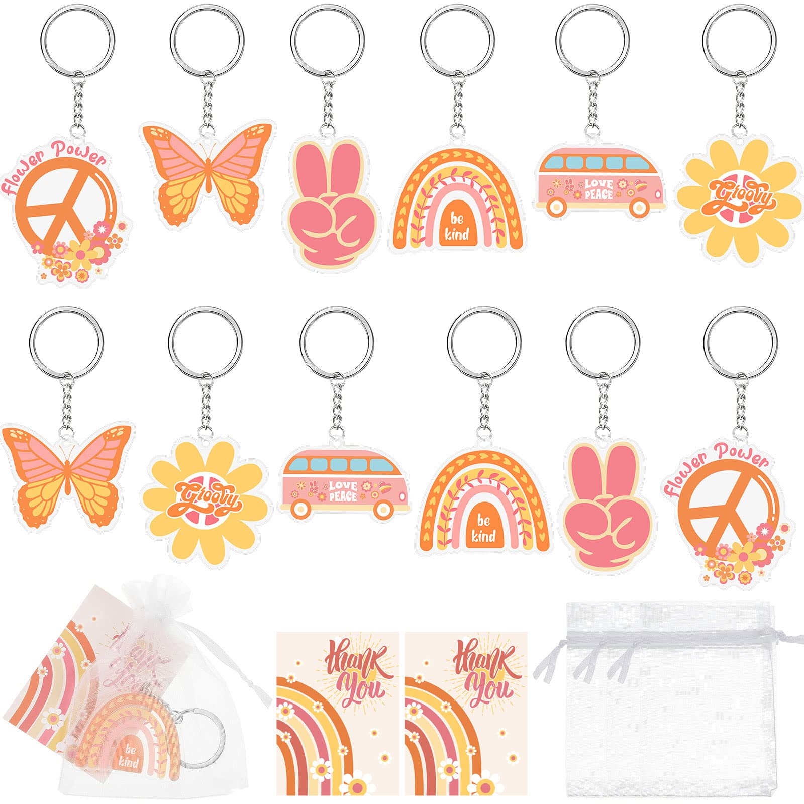 Photo 1 of 12 Sets Boho Groovy Party Favors with Boho Keychains Boho Birthday Tags Decoration Thank You Tags and Organza Bags for Bohemian Themed Birthday Party Baby Shower Wedding Party Decoration Supplies