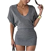 Verdusa Women's Cinched Waist Lightweight Knit Sweater Dress Dolman Sleeve Bodycon Mini Dresses