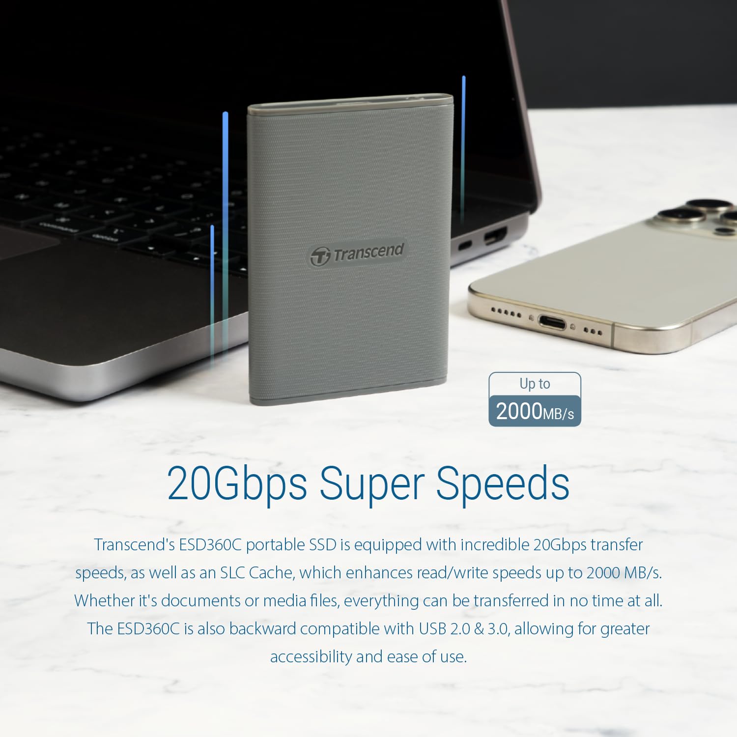 Transcend 2TB External SSD, USB 3.2 Gen 2 (20Gbps), Up to 2,000MB/s, Portable SSD with 2-in-1 USB-C Cable, for Steam Deck, ROG Ally, MSI Claw, Windows&Mac, iPhone, iPad, Android, PS5, Xbox, Smart TV