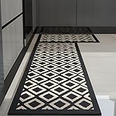 GIB Kitchen Rugs Mats for Floor Set of 2, Non Slip/Skid Kitchen Runner Rugs, Super Absorbent Machine Washable Soft Standing Mats for Kitchen Decor, Laundry & Sink, Black and Cream Diamond
