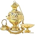 Needzo High Polished Brass Hanging Church Censer Thurible with Matching Boat and Spoon Set