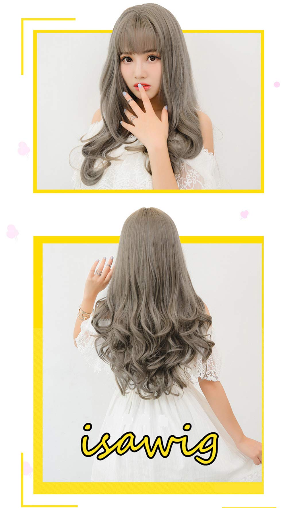 Wigs for Women Human Curly Hair Long Wigs 22 Inch Natural as Real Hair with Bangs Wig (Gray)