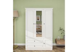 Keloyid Wooden Tall Armoire Wardrobe Closet with 3 Doors: Hanging Rods 2 Drawers Mirror Shelving for Bedroom Armoire Large Capacity Clothes Storage Cabinet White