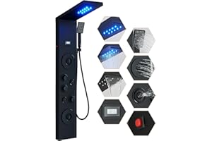 Votamuta Black Shower Panel with LED Waterfall & Rainfall Shower Head Full 2 Body Sprays 4 Mist Jets Modern Shower Faucet Sys
