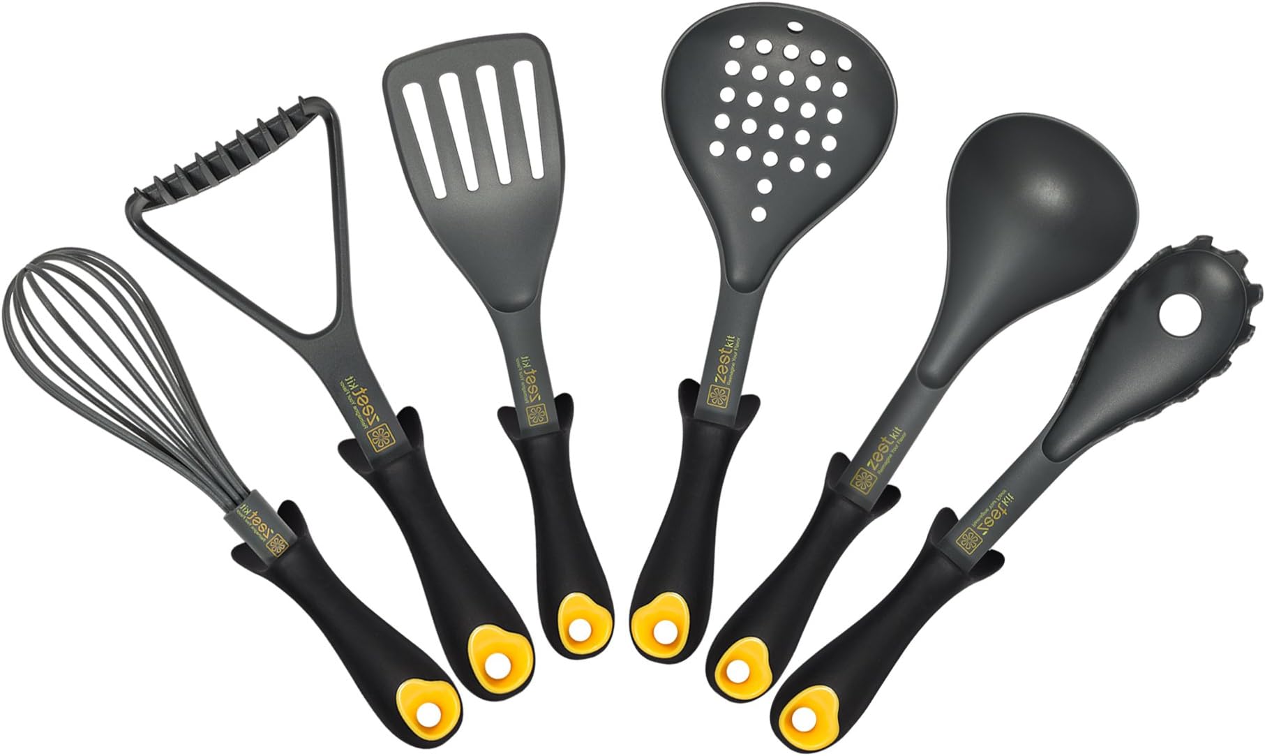 Zestkit 7-Piece Kitchen Tool Set, Includes Ladle, Skimmer, Whisk, Pasta Server, Potato Masher, Slotted Turner, Tool Stand
