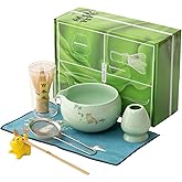Matcha whisk 7-piece set,Matcha Powder Set, matcha bowl with nozzle, matcha whisk stand, stainless steel sieve, cloth mat, spoon stand, is a home kitchen decoration gift (green)