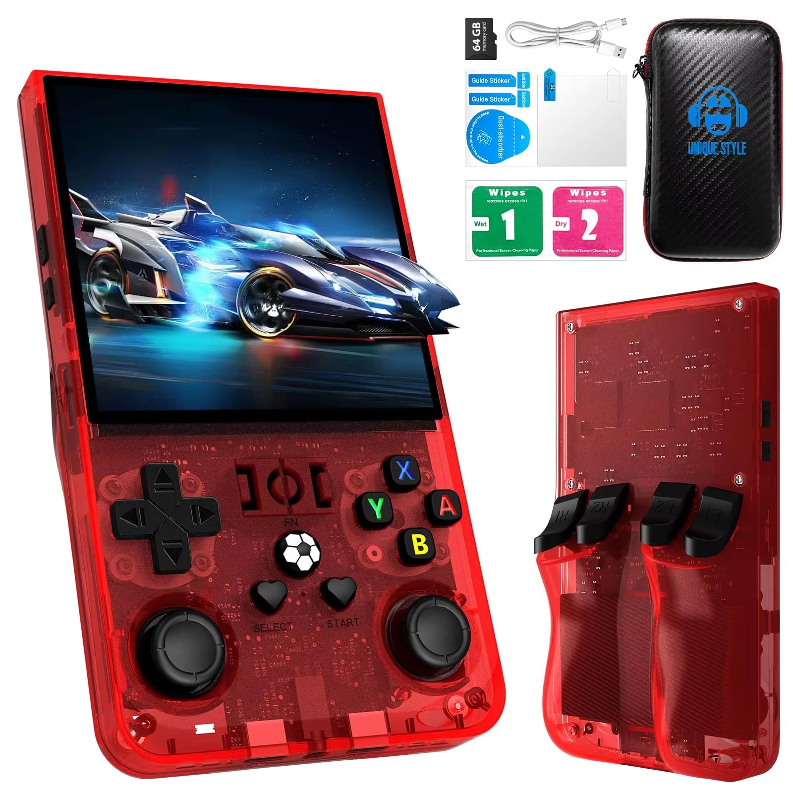 Photo 1 of R36MAX Handheld Game Console, 4.0 Inch IPS Screen Linux System 4000mAh Rechargeable Portable Pocket Arcade with 128GB TF Card, Built in 20000+ Games (Red, 128)