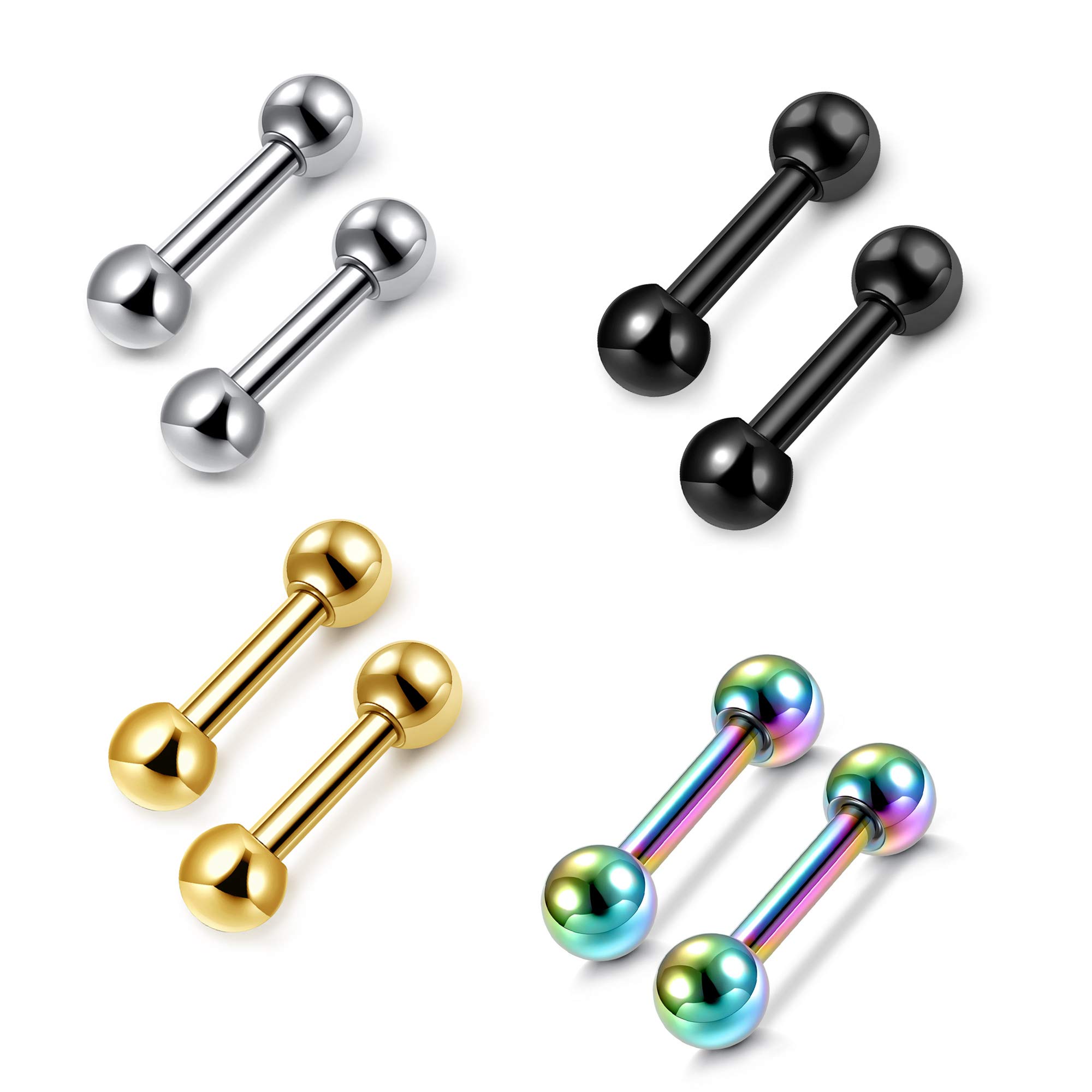 4 Pairs Stainless Steel Barbell 3mm Ball Screw Silver Black Gold Rainbow Color Gauge 16G (1.2mm) Tragus Helix Cartilage Stud Earrings Lip Nose Septum Straight Body Piercing 6mm Long