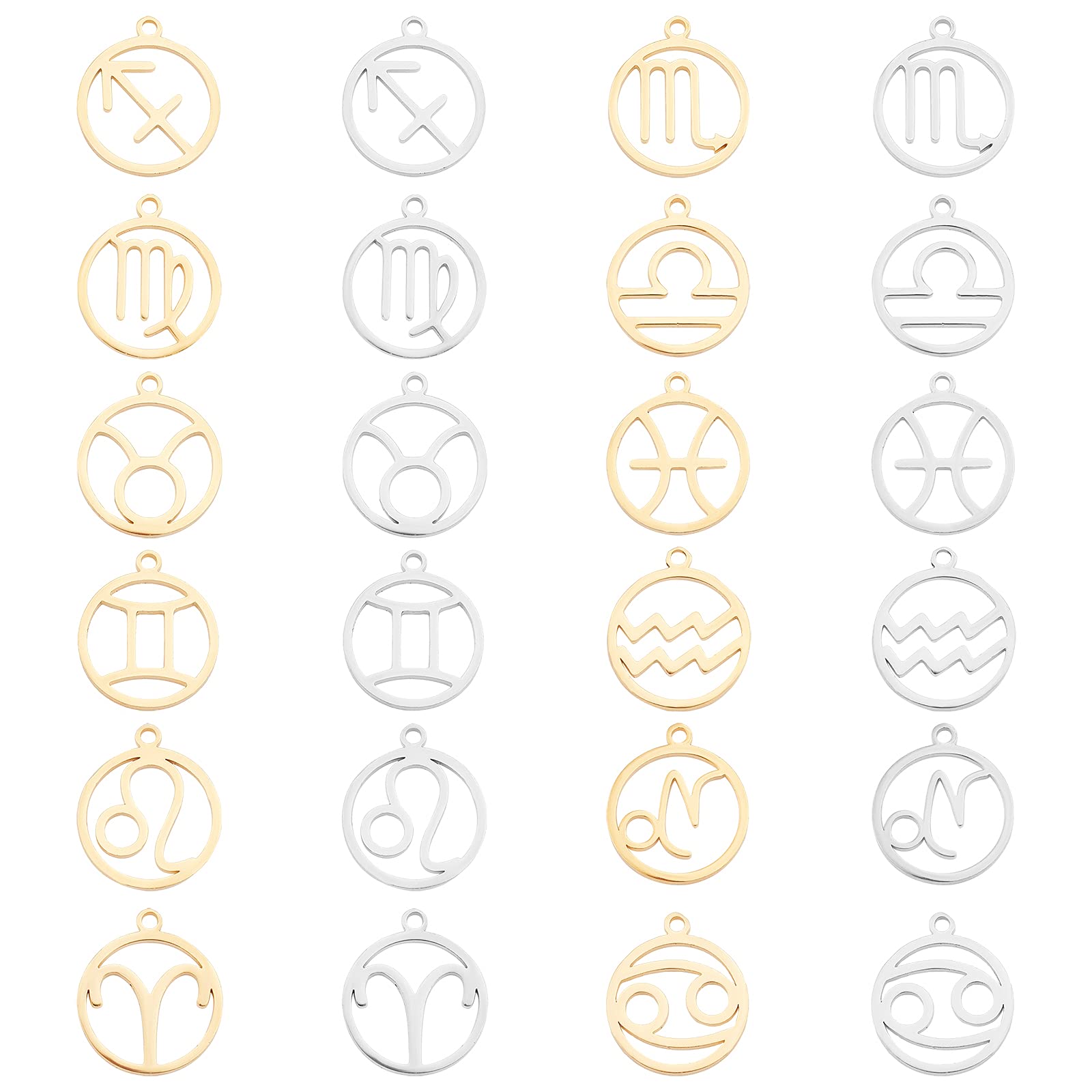 UNICRAFTALE about 24pcs 2 Colors 12 Constellation Pendants 304 Stainless Steel Mixed Sign Charms Golden & Stainless Steel Color Zodiac Sign Charm for DIY Jewelry Making, Hole 1.6mm