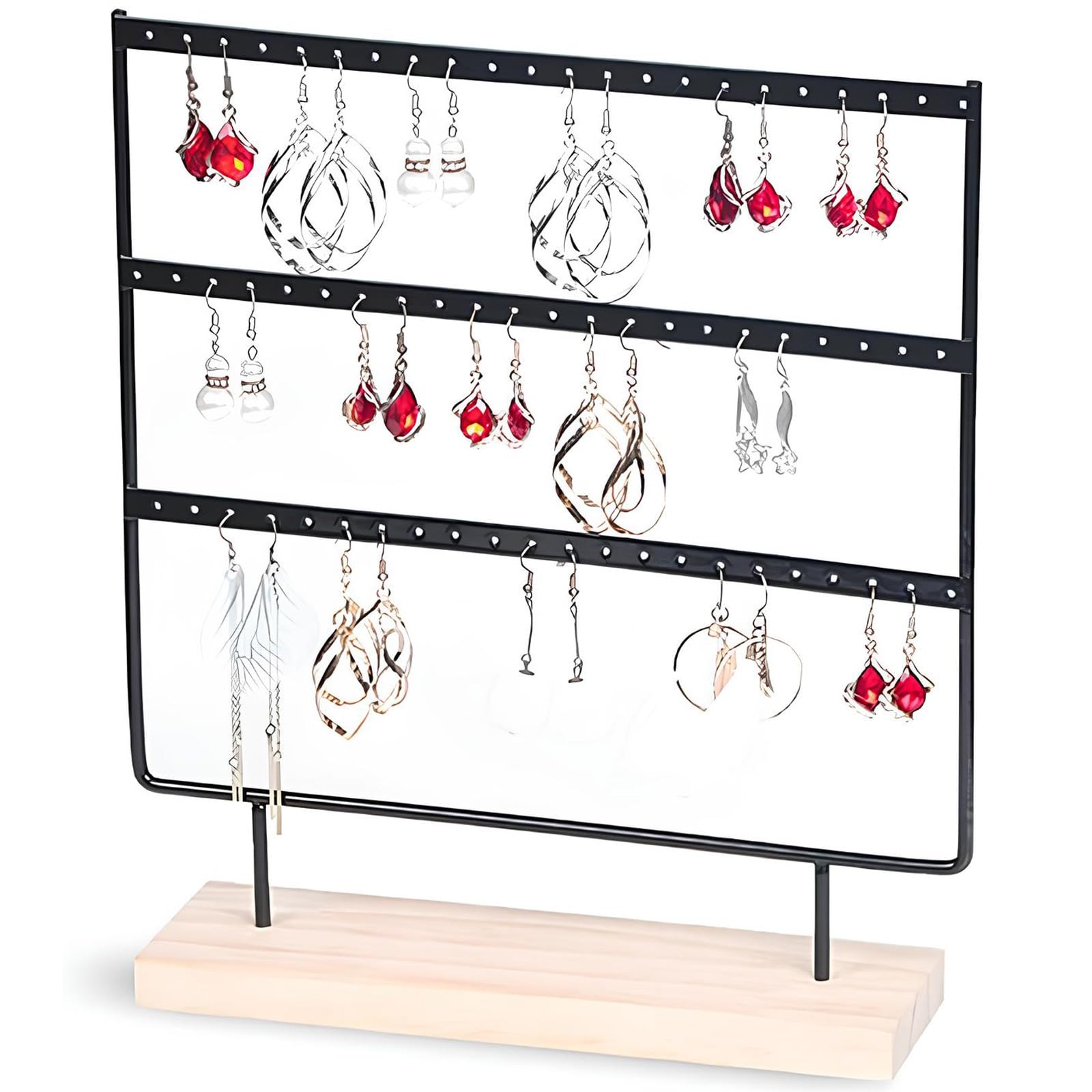 ERHUAN Earring Holder Stand, Earrings Display Stand Tree, Hanging Jewelry Organizer, 3-Tier Earring Organiser, With Wooden Tray for Earring, Ear Stud, Ring, Necklace- 66 Earring Slots, Black