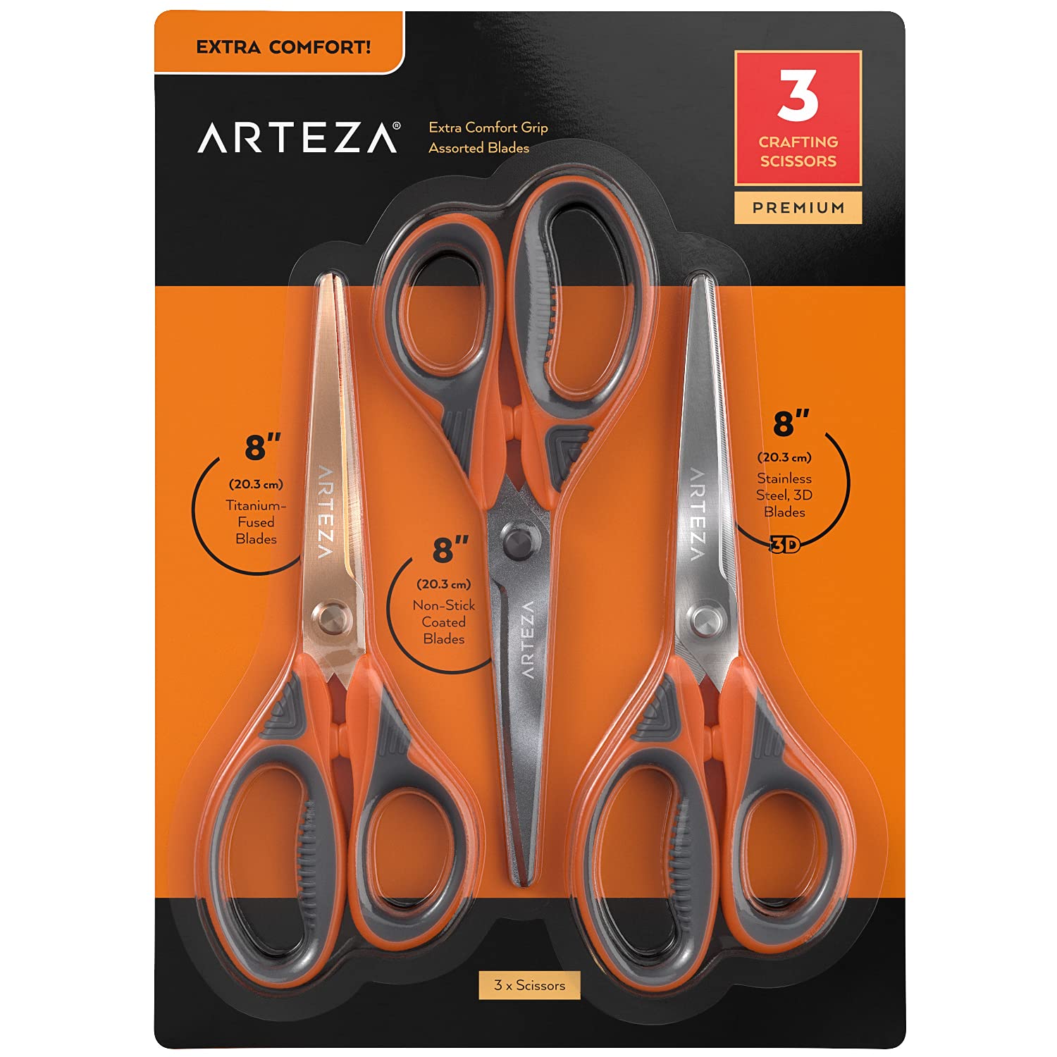 Arteza Craft Scissors, Set of 3, 20.3 cm Scissors with Different Blades, Titanium Non-Stick Stainless Steel Blades, Craft Supplies for Scrapbooking, Building Models, and Cutting Felt Designs