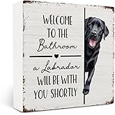 OVAcational Funny Labrador Bathroom Wooden Box Sign Decor, Labrador Dog Lover Gifts, Welcome to the Bathroom Dog Wood Block Sign for Washroom Restroom Counter Shelf Wall Decorations, 5x5 Inch