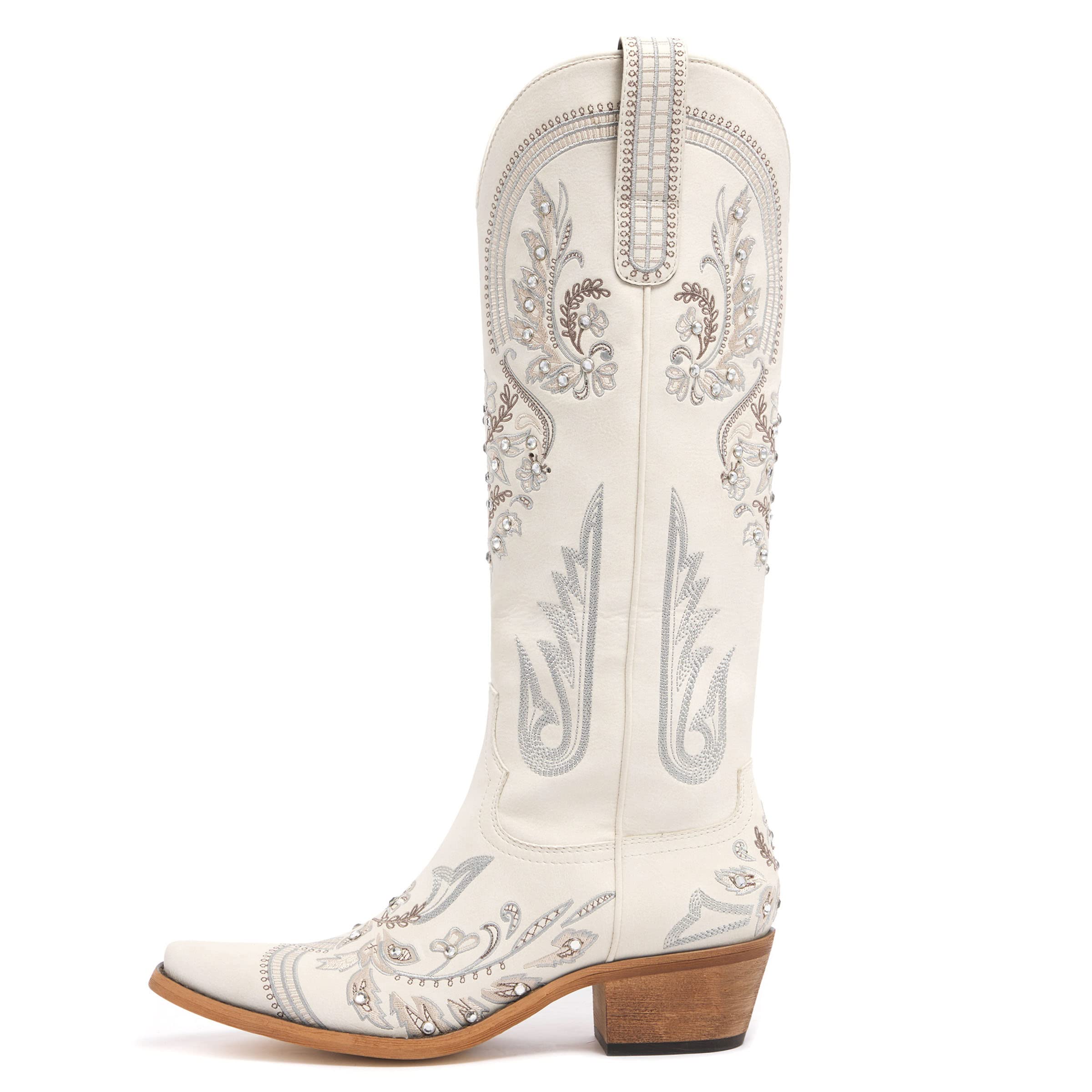 Western Cowboy Boots for Women Embroidered Rhinestones Knee High Cowgirl Boots Pointed Toe Chunky Heel Fashion Retro Classic Tall Boot