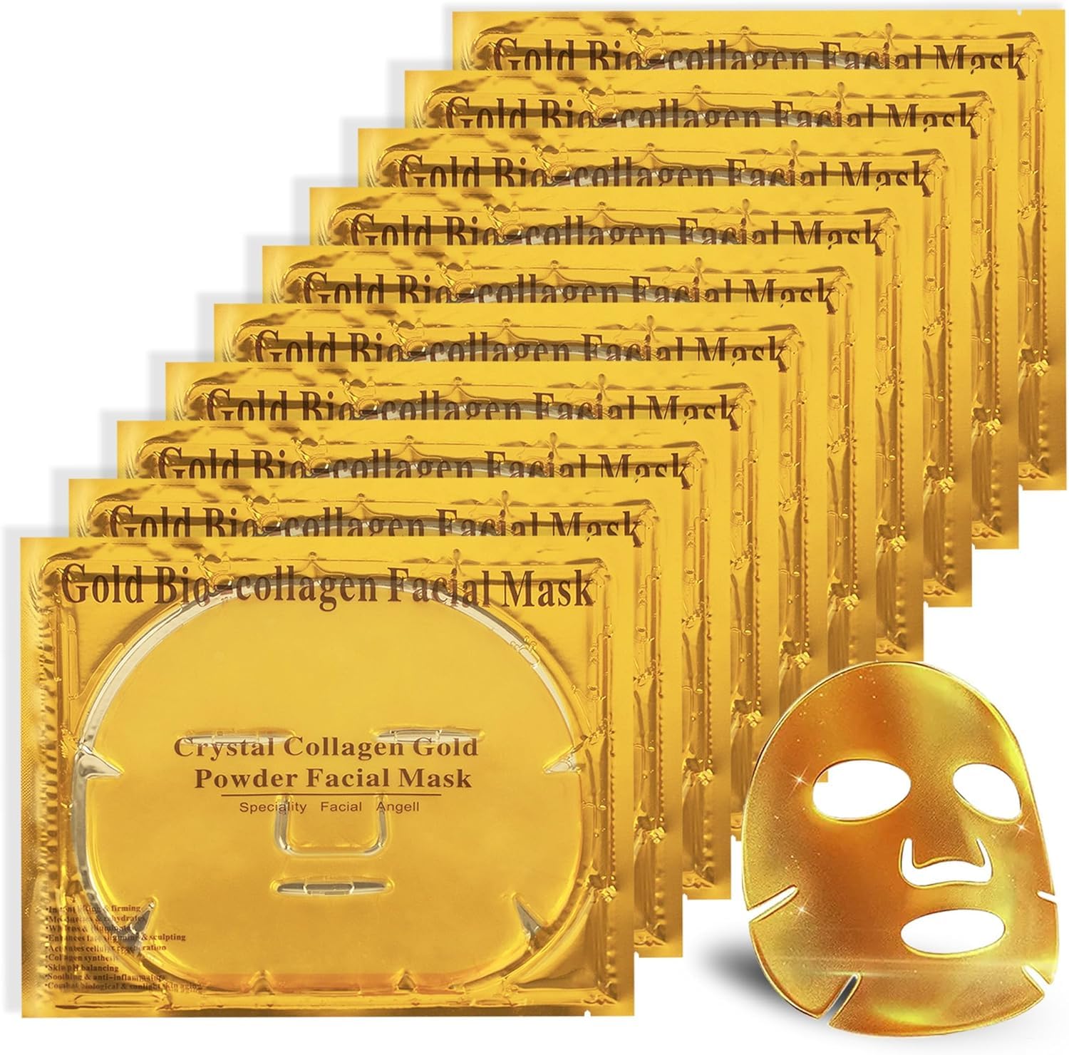 10 x 24K Gold Bio Collagen Face Mask Crystal Gold Powder Gel Facial Masks Anti Ageing Hydrating Moisturizing Brightening Skincare for All Skin Types